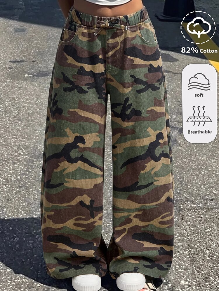 SHEIN Celana Jeans Longgar dan Nyaman Motif Kamuflase dengan Desain Pinggang Elastis Elastis untuk Remaja Perempuan Gaya Y2K - Hijau Tentara - View 5