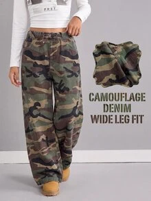SHEIN Tween Girl Y2k Fashion Stretch Elastic Waistband Design Camouflage Loose And Comfortable Jeans - Army Green - View 3