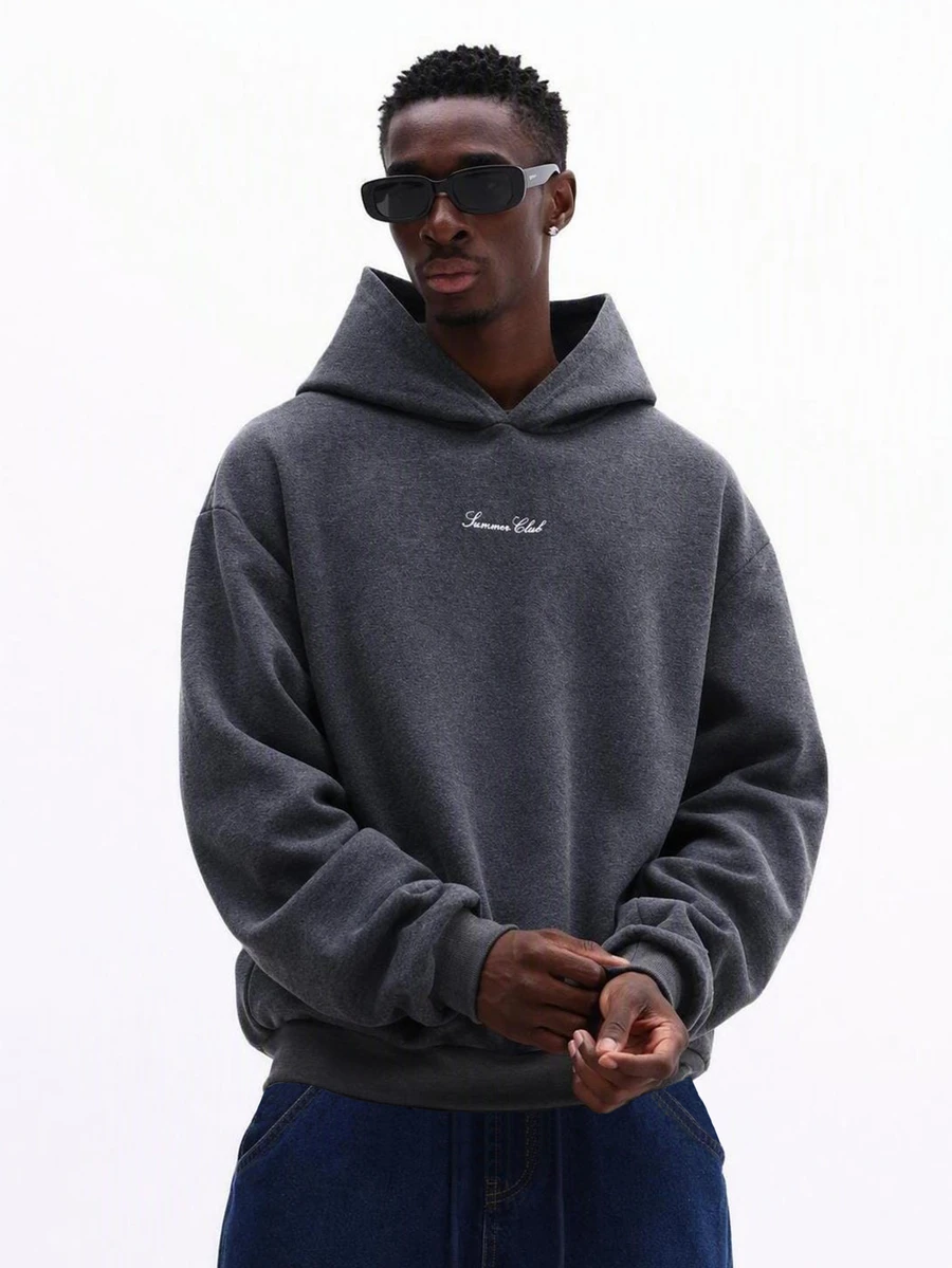 SUMWON Pullover Hoodie With Drawstring Script Embroidered Logo Casual Streetwear Comfortable Fall Winter Fleece Lined Men Plain - Grey - View 1
