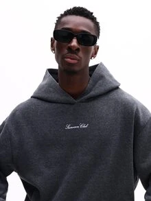 SUMWON Pullover Hoodie With Drawstring Script Embroidered Logo Casual Streetwear Comfortable Fall Winter Fleece Lined Men Plain - Grey - View 3