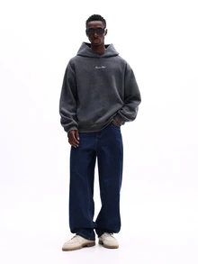 SUMWON Pullover Hoodie With Drawstring Script Embroidered Logo Casual Streetwear Comfortable Fall Winter Fleece Lined Men Plain - Grey - View 4