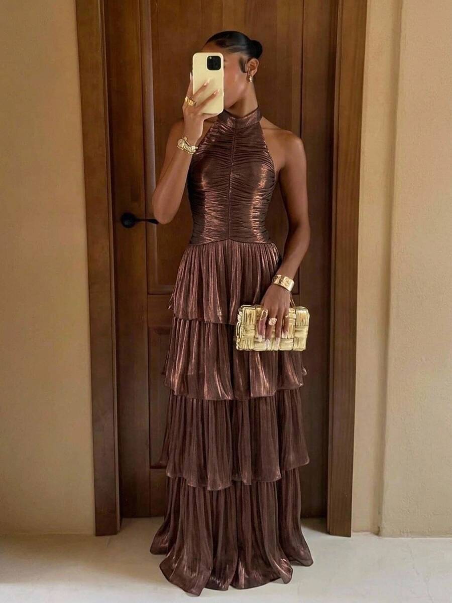 Lumalex Chocolate Brown Halter Maxi Dress High Neck Ruched Bodycon Bodice Layered Ruffle Drop Waist, Showcasing Low Key Luxury PartyStyle,Wedding,Ball,Dinner