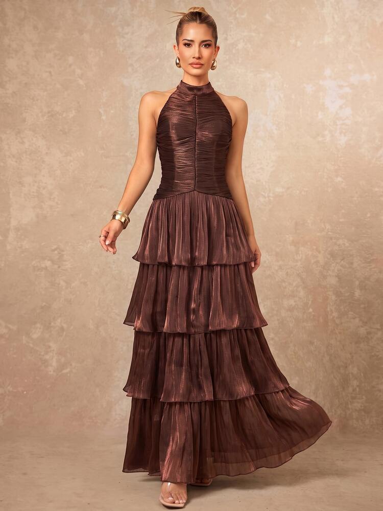 Lumalex Chocolate Brown Halter Maxi Dress High Neck Ruched Bodycon Bodice Layered Ruffle Drop Waist, Showcasing Low Key Luxury PartyStyle,Wedding,Ball,Dinner - Coffee Brown - View 7