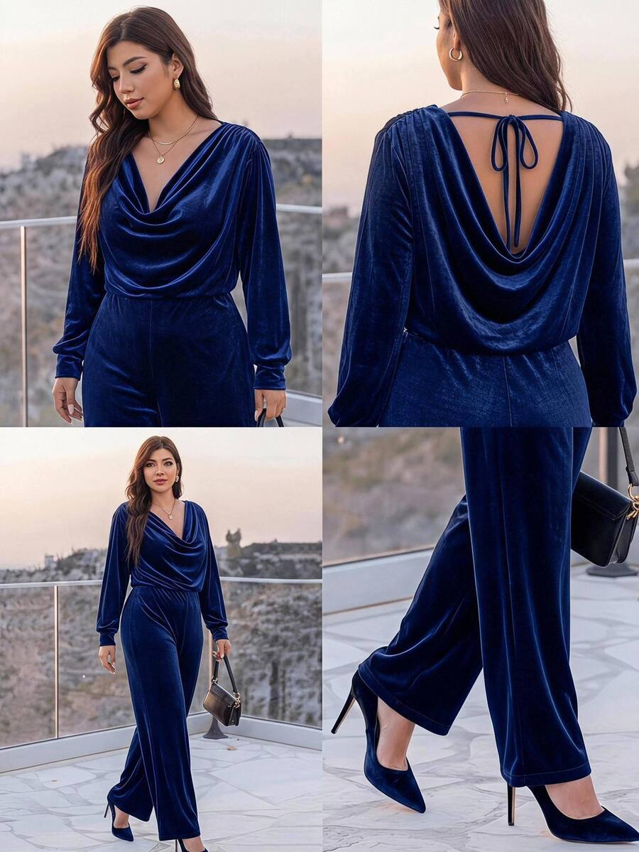 Reflora Plus Size Velvet Cowl Neck Jumpsuit, Autumn/Winter Fall - Royal Blue - View 1