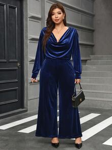 Reflora Plus Size Velvet Cowl Neck Jumpsuit, Autumn/Winter Fall - Royal Blue - View 5