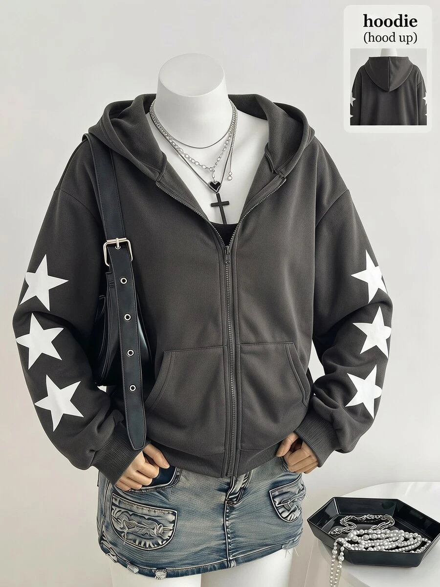 SHEIN 青少年女孩休閒街頭風 Katseye 百搭正裝版寬鬆韓系開襟運動外套 開學季萬聖節畢業季 灰色 - 深灰色 - 查看 1