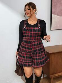 Lounesse Women's Plus Size Minimalist Long Sleeve Top And Plaid Romper Set Casual 2 Pieces Set For Women Fall/Winter Casual Daily Going Out Set For Women - Multicolor - View 9
