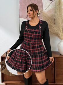 Lounesse Women's Plus Size Minimalist Long Sleeve Top And Plaid Romper Set Casual 2 Pieces Set For Women Fall/Winter Casual Daily Going Out Set For Women - Multicolor - View 10