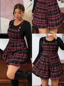 Lounesse Women's Plus Size Minimalist Long Sleeve Top And Plaid Romper Set Casual 2 Pieces Set For Women Fall/Winter Casual Daily Going Out Set For Women - Multicolor - View 8