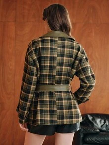 Anewsta 女款秋冬優雅翻領撞色皮革拼接羊毛混紡繫腰大衣，休閒通勤辦公室穿著外出款 - 軍綠色 - 查看 3