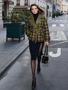 Anewsta 女款秋冬優雅翻領撞色皮革拼接羊毛混紡繫腰大衣，休閒通勤辦公室穿著外出款 - 軍綠色 - 查看 7