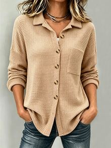 Holdful Holdful Women's Autumn Solid Color Dropped Shoulder Long Sleeve Single-Breasted Casual Pocket Shirt - Apricot - View 3