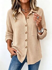 Holdful Holdful Women's Autumn Solid Color Dropped Shoulder Long Sleeve Single-Breasted Casual Pocket Shirt - Apricot - View 1