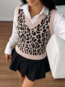SHEIN 8-12歲女孩復古可愛學院風米色印花V領針織背心無袖毛衣層搭外套休閒背心 春秋款 - 彩色 - 查看 3