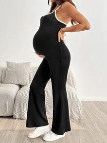 SHEIN 孕婦拼色喇叭褲休閒哺乳背心褲 夏季嬰兒洗禮會 育嬰室 醫院分娩與生產 產後適用 - 黑色 - 查看 8