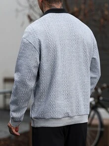 Manfinity CasualCool 男士 POLO 領長袖緹花運動衫，純色布料拼接設計，休閒度假、約會之夜、街頭穿搭，灰色秋季款 - 彩色 - 查看 8
