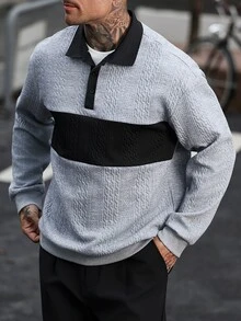 Manfinity CasualCool 男士 POLO 領長袖緹花運動衫，純色布料拼接設計，休閒度假、約會之夜、街頭穿搭，灰色秋季款 - 彩色 - 查看 3