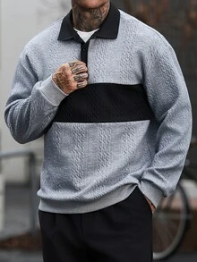 Manfinity CasualCool 男士 POLO 領長袖緹花運動衫，純色布料拼接設計，休閒度假、約會之夜、街頭穿搭，灰色秋季款 - 彩色 - 查看 5