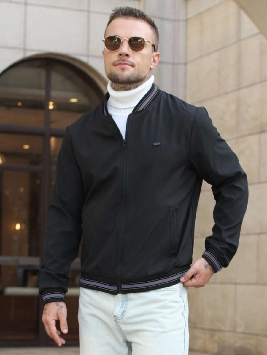 Manfinity CasualCool Men's Casual Versatile Contrast Color Striped Long Sleeve Jacket, Autumn/Winter - Black - View 1