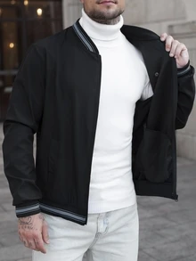 Manfinity CasualCool Men's Casual Versatile Contrast Color Striped Long Sleeve Jacket, Autumn/Winter - Black - View 7