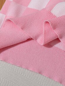Tween女孩粉色格紋小馬刺繡Logo長袖V領套頭毛衣，適合秋冬，可搭配大衣與棉襖外套 - 粉色 - 查看 12