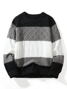 Manfinity Homme 男士拼色針織毛衣，都市復興街頭風，休閒時尚，創意個性街頭穿搭，適合辦公室與婚禮，黑白配色，秋季 - 黑色 - 查看 2
