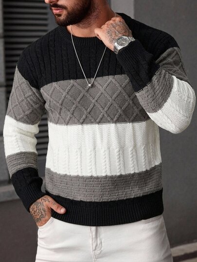 Manfinity Homme Men's Color Block Knit Sweater, Urban Renaissance Street Style, Casual Fashion, Creative Personalized Streetwear