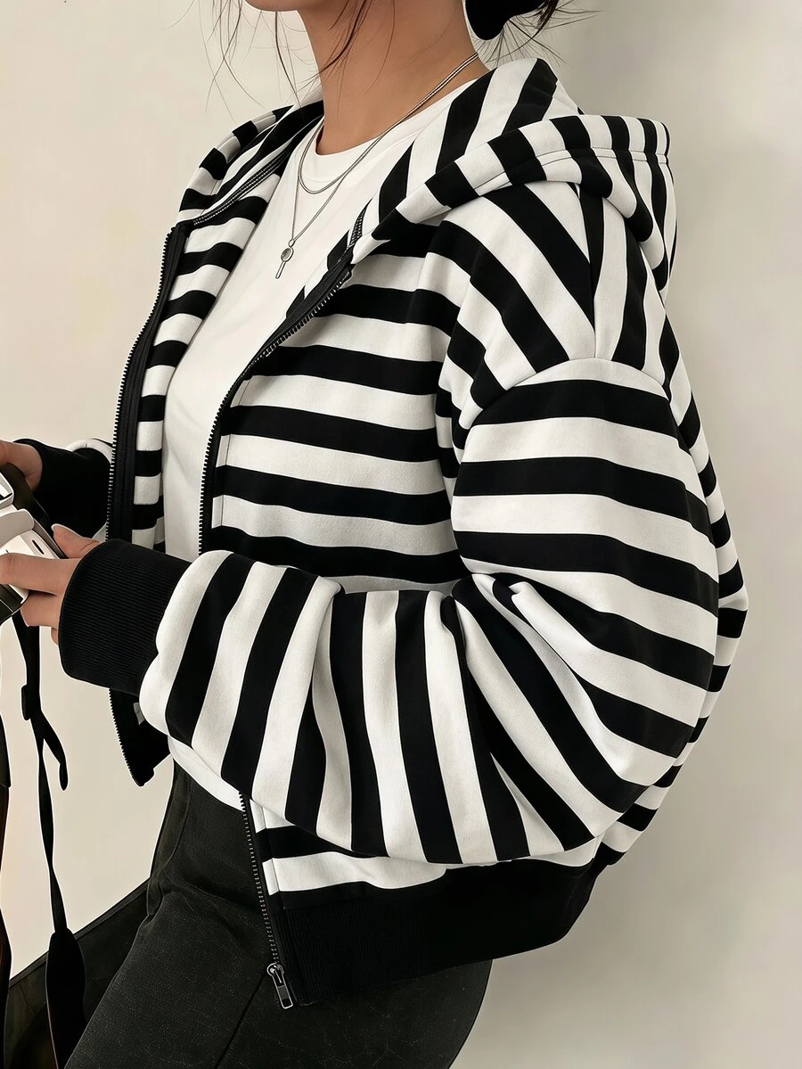 SHEIN Sparklyn 1件女款青少年休閒拉鍊連帽短版運動外套,黑白條紋,春秋新款秋季服飾 - 黑與白 - 查看 1