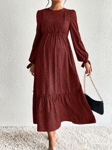 SHEIN 孕婦豹紋圓領長袖荷葉邊休閒洋裝，適合嬰兒派對、哺乳，秋季穿著 - 酒紅色 - 查看 3