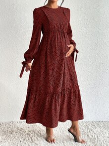 SHEIN 孕婦豹紋圓領長袖荷葉邊休閒洋裝，適合嬰兒派對、哺乳，秋季穿著 - 酒紅色 - 查看 6