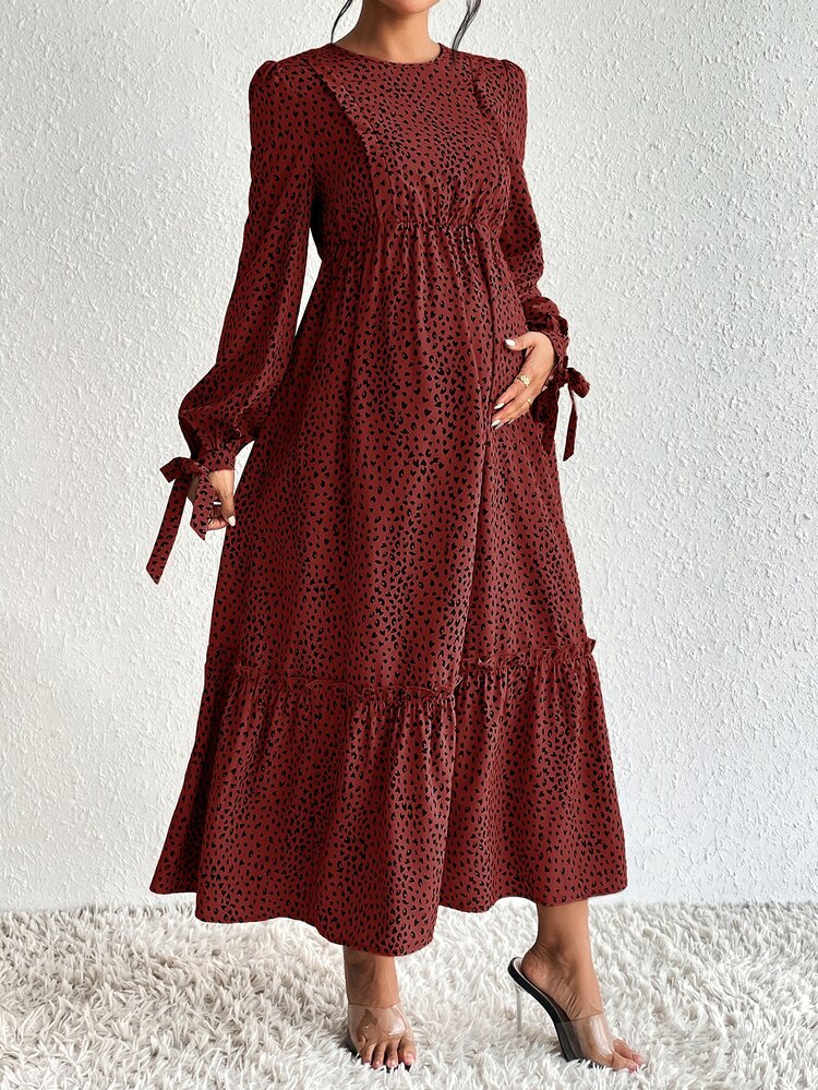 SHEIN Maternity Leopard Print Round Neck Long Sleeve Ruffle Hem Casual Dress Baby Shower Breastfeeding Autumn - Burgundy - View 6