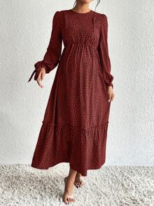 SHEIN 孕婦豹紋圓領長袖荷葉邊休閒洋裝，適合嬰兒派對、哺乳，秋季穿著 - 酒紅色 - 查看 4