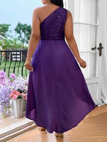 SHEIN Belle Plus Size Solid Color Asymmetrical Neckline Sequin Patchwork Short Front Long Back Sleeveless Dress Maxi Women Outfit - Purple - View 2