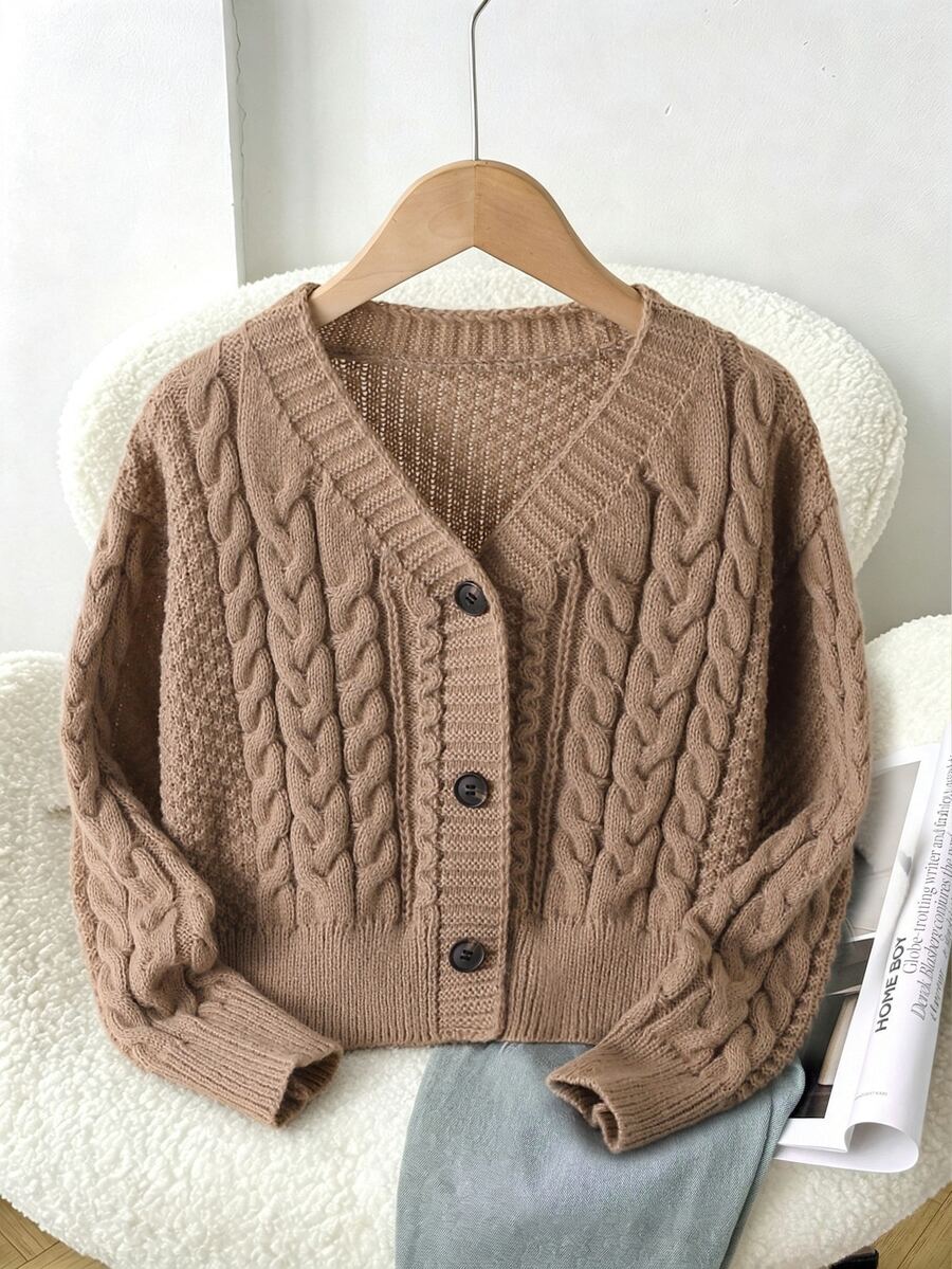 SHEIN Tween Girl Solid Drop Shoulder Cable Knit Cardigan - Brown - View 1