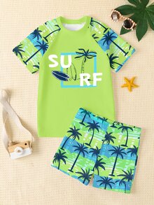SHEIN Tween Boy Casual Minimalist Round Neck Short Sleeve Shorts Swimsuit Set, Suitable For Summer - Multicolor - View 3