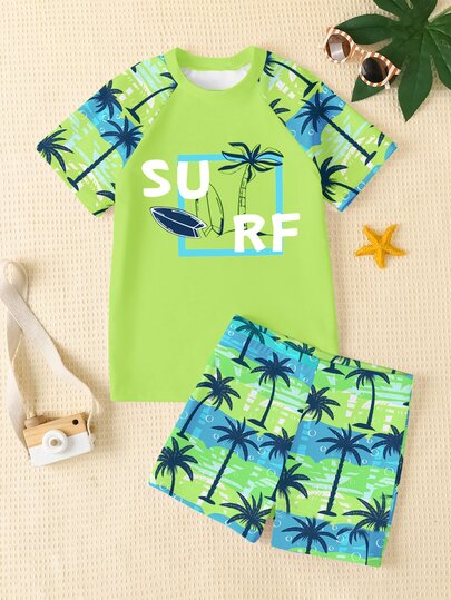 SHEIN Conjunto de traje de baño informal para niño preadolescente con cuello redondo de manga corta y pantalones cortos, adecuado para el verano