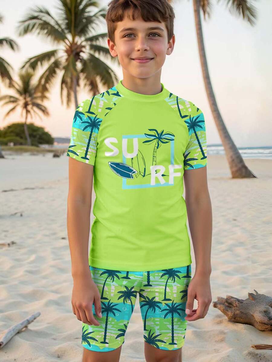 SHEIN Tween Boy Casual Minimalist Round Neck Short Sleeve Shorts Swimsuit Set, Suitable For Summer