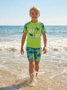 SHEIN Tween Boy Casual Minimalist Round Neck Short Sleeve Shorts Swimsuit Set, Suitable For Summer - Multicolor - View 4