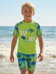 SHEIN Tween Boy Casual Minimalist Round Neck Short Sleeve Shorts Swimsuit Set, Suitable For Summer - Multicolor - View 5