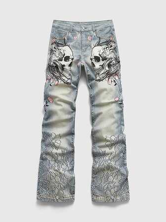 Jeans in denim da uomo con motivo teschio a strati e gamba svasata