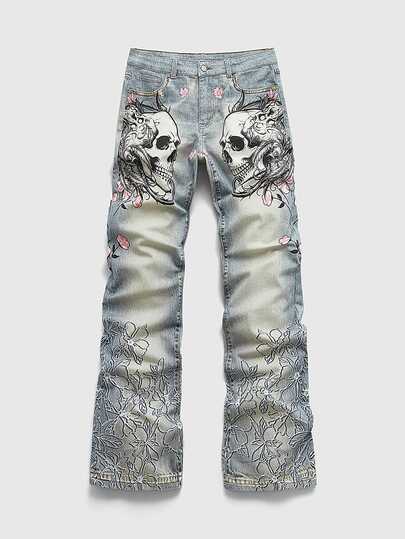 ROMWE MEN Men's Skull Pattern Layered Flare Denim Jeans