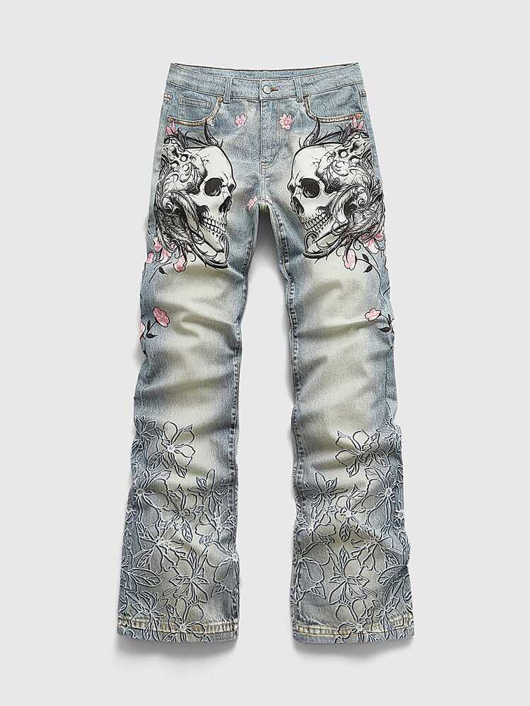 ROMWE MEN Men's Skull Pattern Layered Flare Denim Jeans - Black - View 6