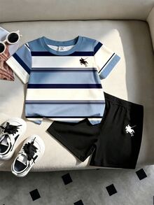 小男孩條紋馬匹圖案圓領短袖T恤與短褲兩件套服裝組 - 彩色 - 查看 3
