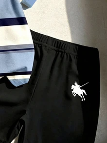 小男孩條紋馬匹圖案圓領短袖T恤與短褲兩件套服裝組 - 彩色 - 查看 4