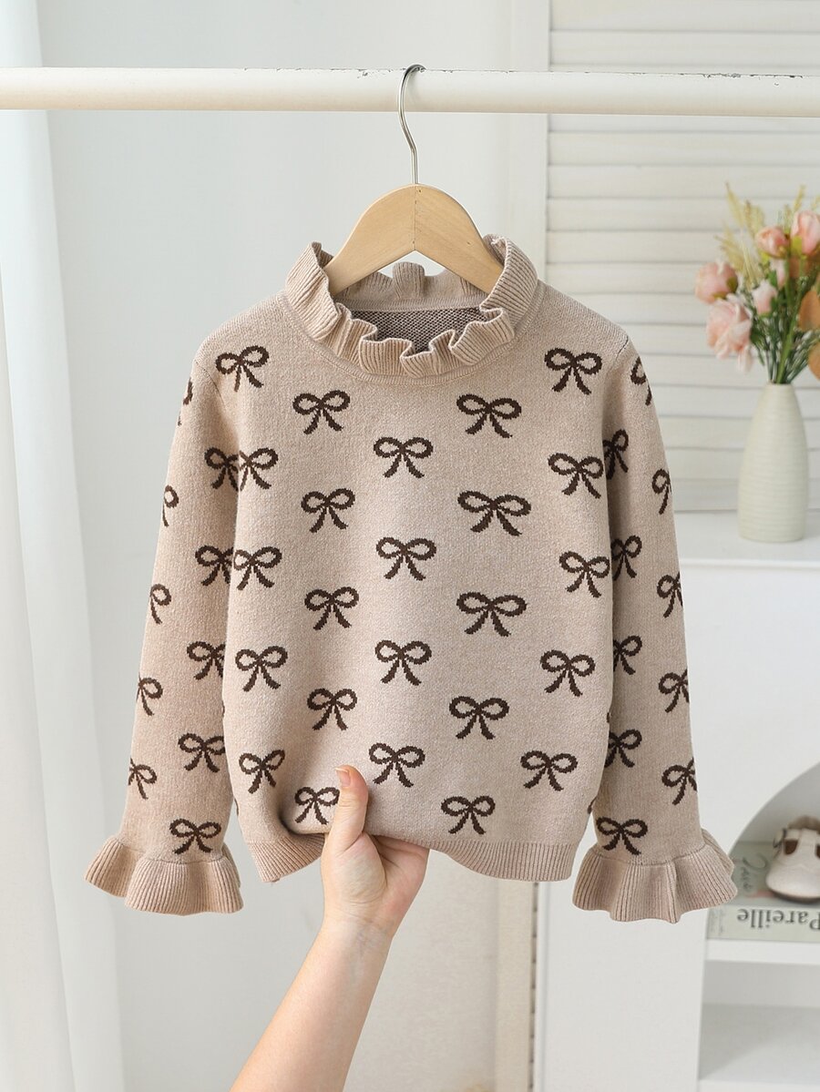 SHEIN 女童燕麥色、淺卡其色、棕色蝴蝶結提花粗針織圓領套頭毛衣,秋冬款,時尚優雅荷葉邊下擺與袖口設計 - 卡其色 - 查看 1