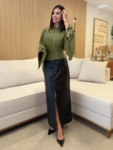 Yohana Edit 女款純色船領後綁帶蝙蝠袖時尚百搭上衣 - 橄欖綠 - 查看 6