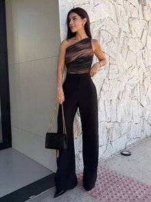 Yohana Edit 2025秋冬新款摩卡棕不對稱剪裁單肩綁帶抓皺露肩女上衣，時尚休閒現代都市優雅早午餐穿搭，Old Money風格街頭穿搭，機場穿搭，開學穿搭，秋冬女裝，Y2K Old Money風格，女性生日穿搭，萬聖節 - 彩色 - 查看 5