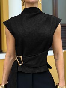 Yohana Edit Black Short Sleeve Shirt, Elegant Business Commute Minimalist Vintage Style Formal Shirt, Office Wear,Summer Top - Black - View 3