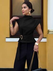 Yohana Edit Black Short Sleeve Shirt, Elegant Business Commute Minimalist Vintage Style Formal Shirt, Office Wear,Summer Top - Black - View 1