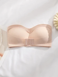 SHEIN Sujetador sin tirantes acolchado con cierre delantero de unicolor para mujer - Albaricoque - Ver 4